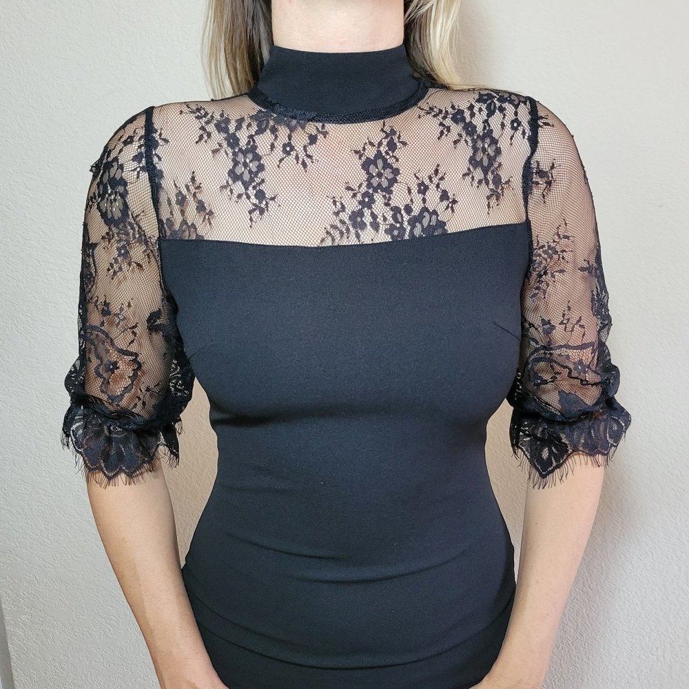 Shein Black Midi Dress Small Half Sleeve Lace Pencil Straight Mock Neck - Picture 6 of 6